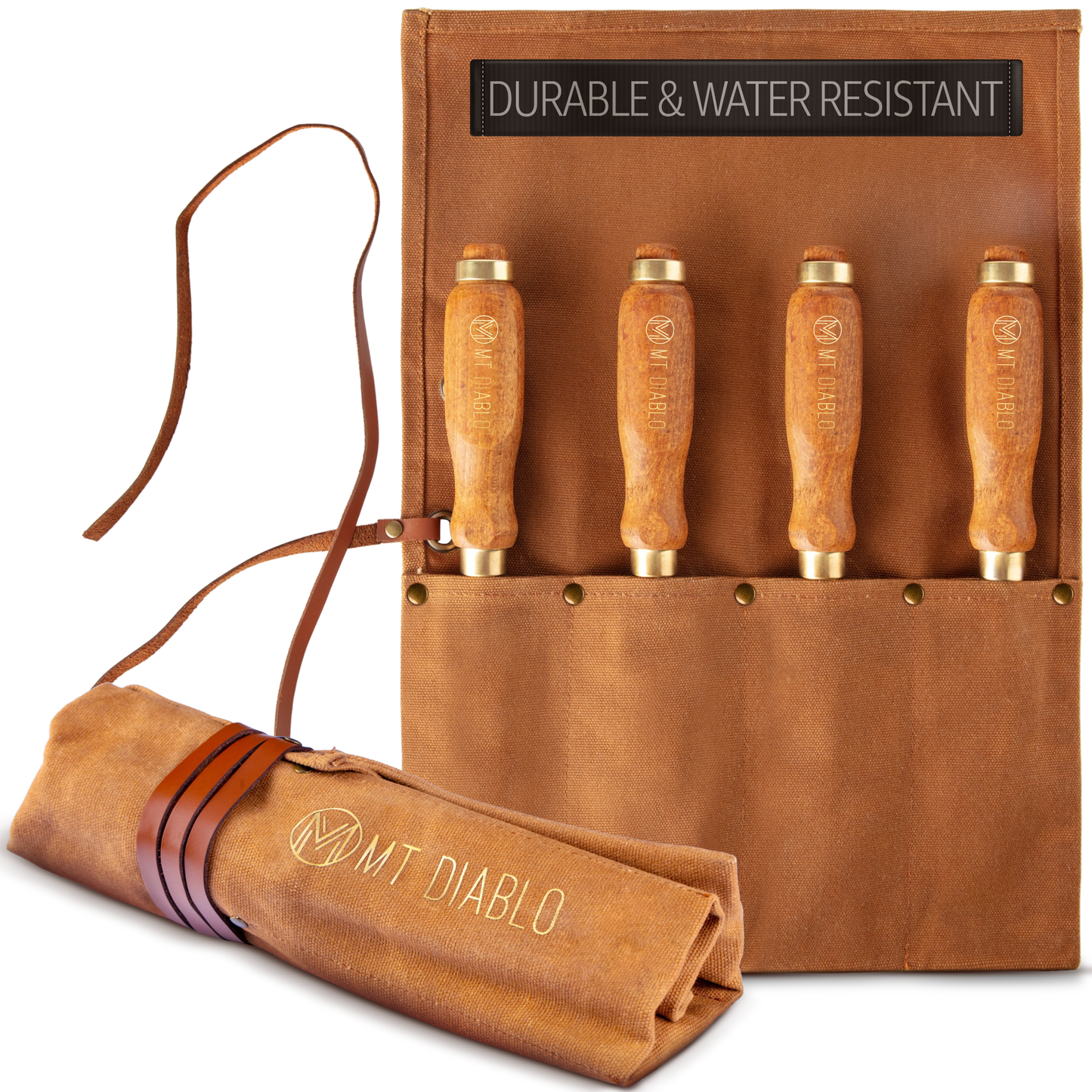 Mt Diablo 4-Slot Waxed Canvas Chisel Roll with Leather Tie – Tool Organizer for Craftsmen, Woodworkers, Mechanics, and Hobbyists