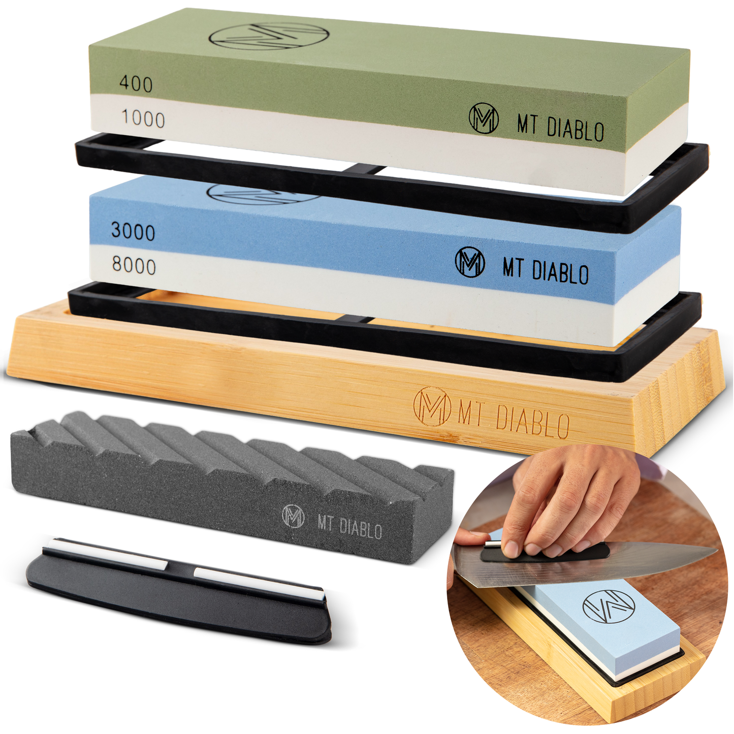 Mt Diablo Knife Sharpener Stone Kit for Chefs & Woodworkers: Dual-Grit Whetstones 400/1000 & 3000/8000, Premium White Corundum, Knife Sharpening Kit with Bamboo Base & Angle Guide, Flattening Stone