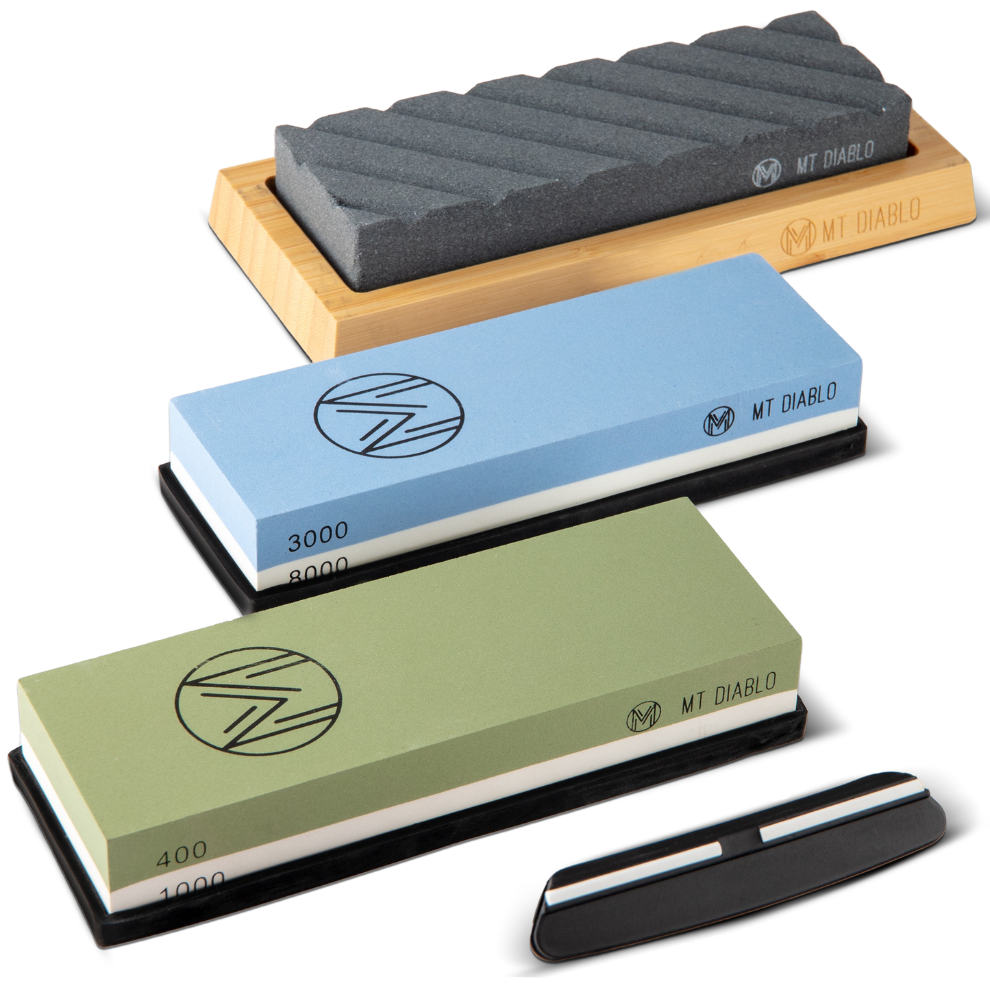 Mt Diablo Knife Sharpener Stone Kit for Chefs & Woodworkers: Dual-Grit Whetstones 400/1000 & 3000/8000, Premium White Corundum, Knife Sharpening Kit with Bamboo Base & Angle Guide, Flattening Stone