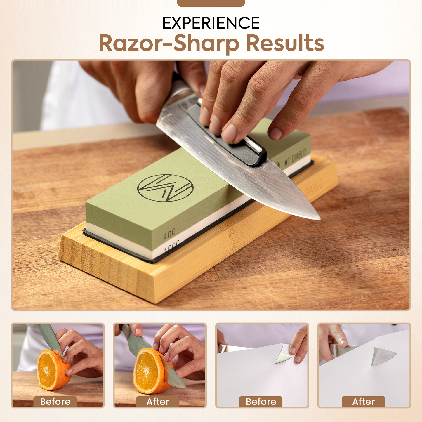 Mt Diablo Knife Sharpener Stone Kit for Chefs & Woodworkers: Dual-Grit Whetstones 400/1000 & 3000/8000, Premium White Corundum, Knife Sharpening Kit with Bamboo Base & Angle Guide, Flattening Stone