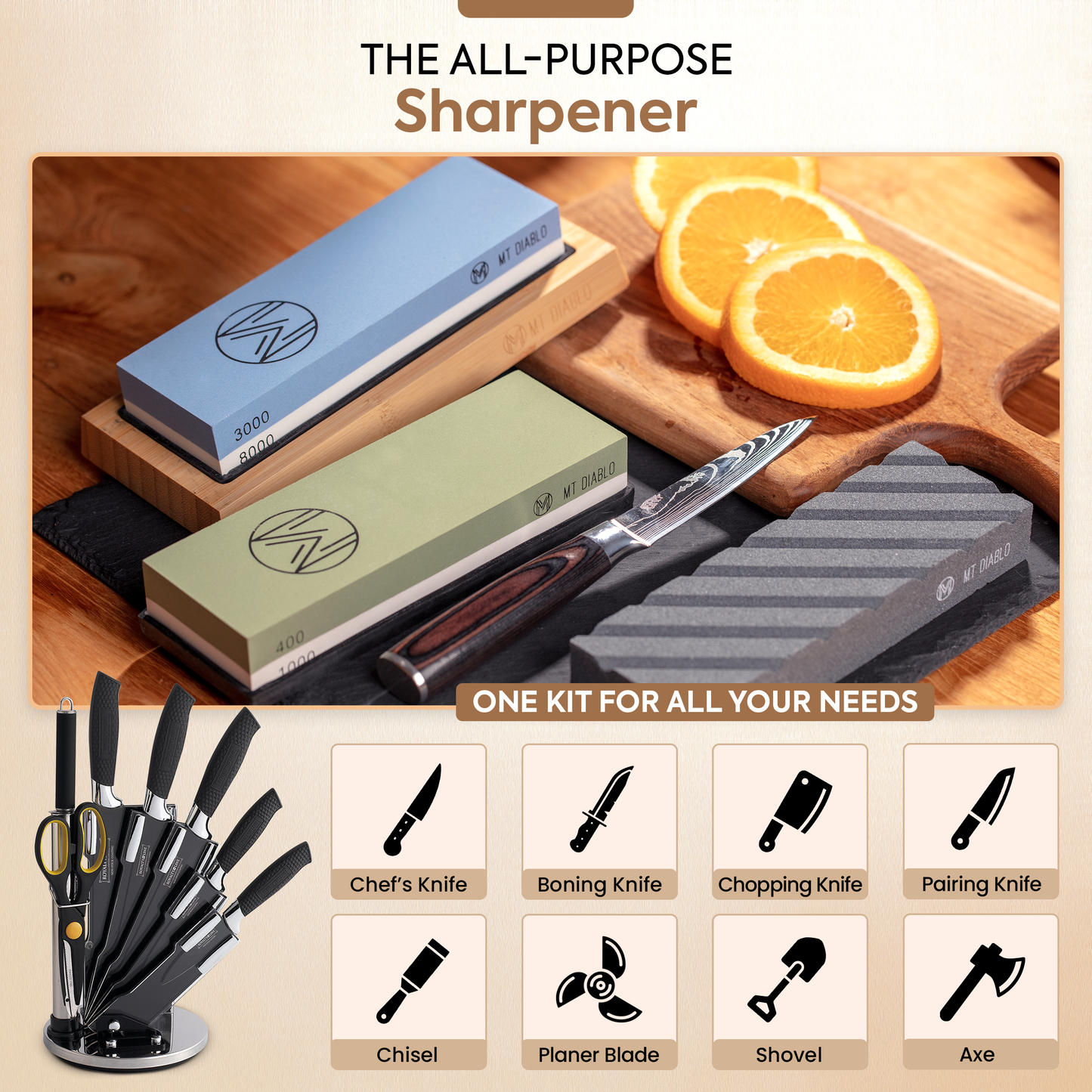 Mt Diablo Knife Sharpener Stone Kit for Chefs & Woodworkers: Dual-Grit Whetstones 400/1000 & 3000/8000, Premium White Corundum, Knife Sharpening Kit with Bamboo Base & Angle Guide, Flattening Stone